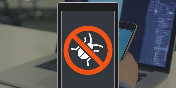 Image that crosses out a bug image on a phone, indicating the bug is fixed.